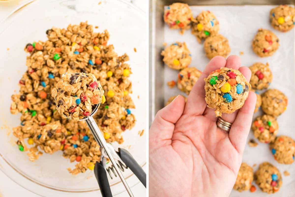 Two image collage of mixture being scooped with cookie scoop and hand holding mixture rolled into ball.