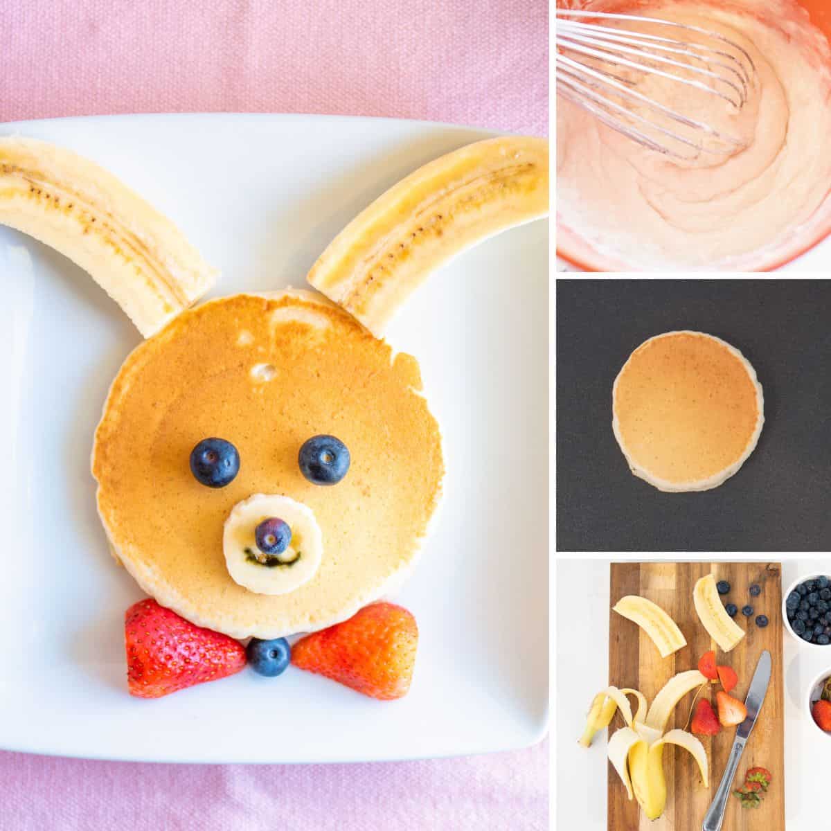 Collage with photos of mixing pancake batter, pancake on griddle, sliced strawberries and bananas on cutting board, and completed bunny face pancake.