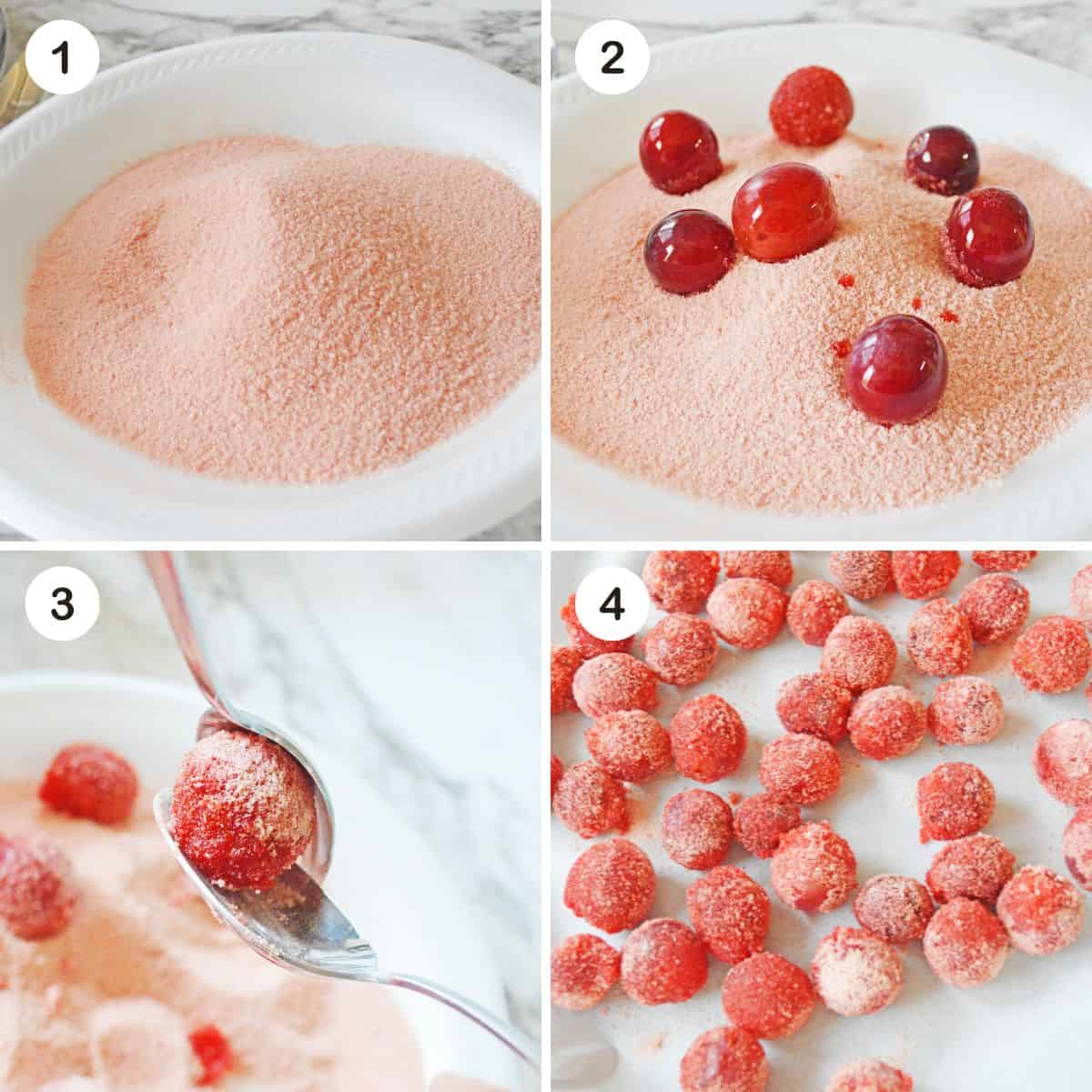 Four image collage of red jello powder in a bowl, grapes in jello powder, grape being lifted by 2 spoons from the jello, and coated grapes on lined baking sheet.