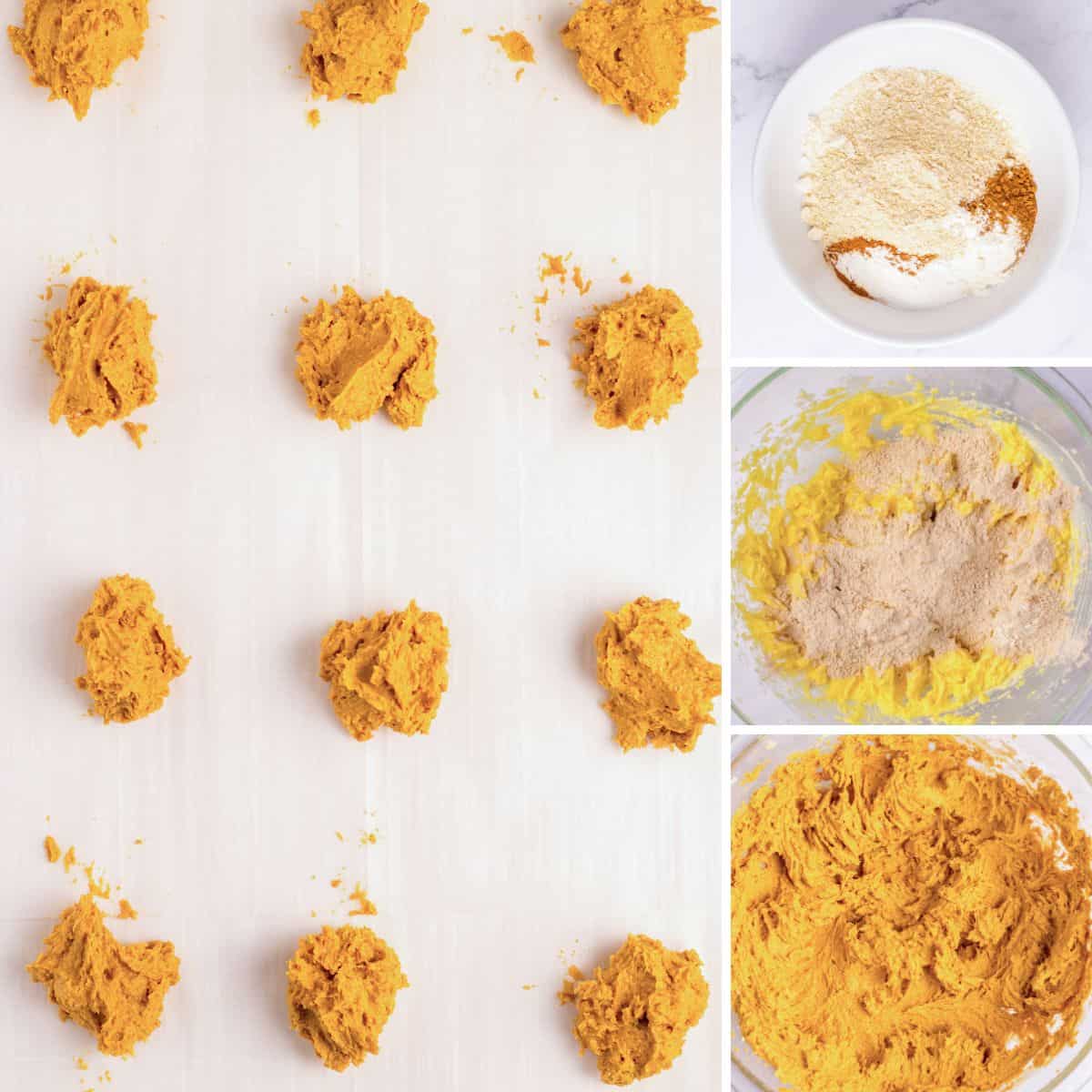 Collage photos of steps to make oatmeal cookie dough: dry ingredients in mixing bowl, dry ingredients added to wet ingredients, dough in bowl, dough scoop onto cookie sheet 2 inches apart.