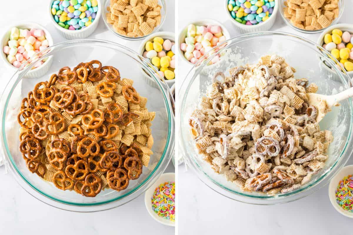 Two image collage of pretzels and chex mix in bowl before and after being covered with melted white almond bark.