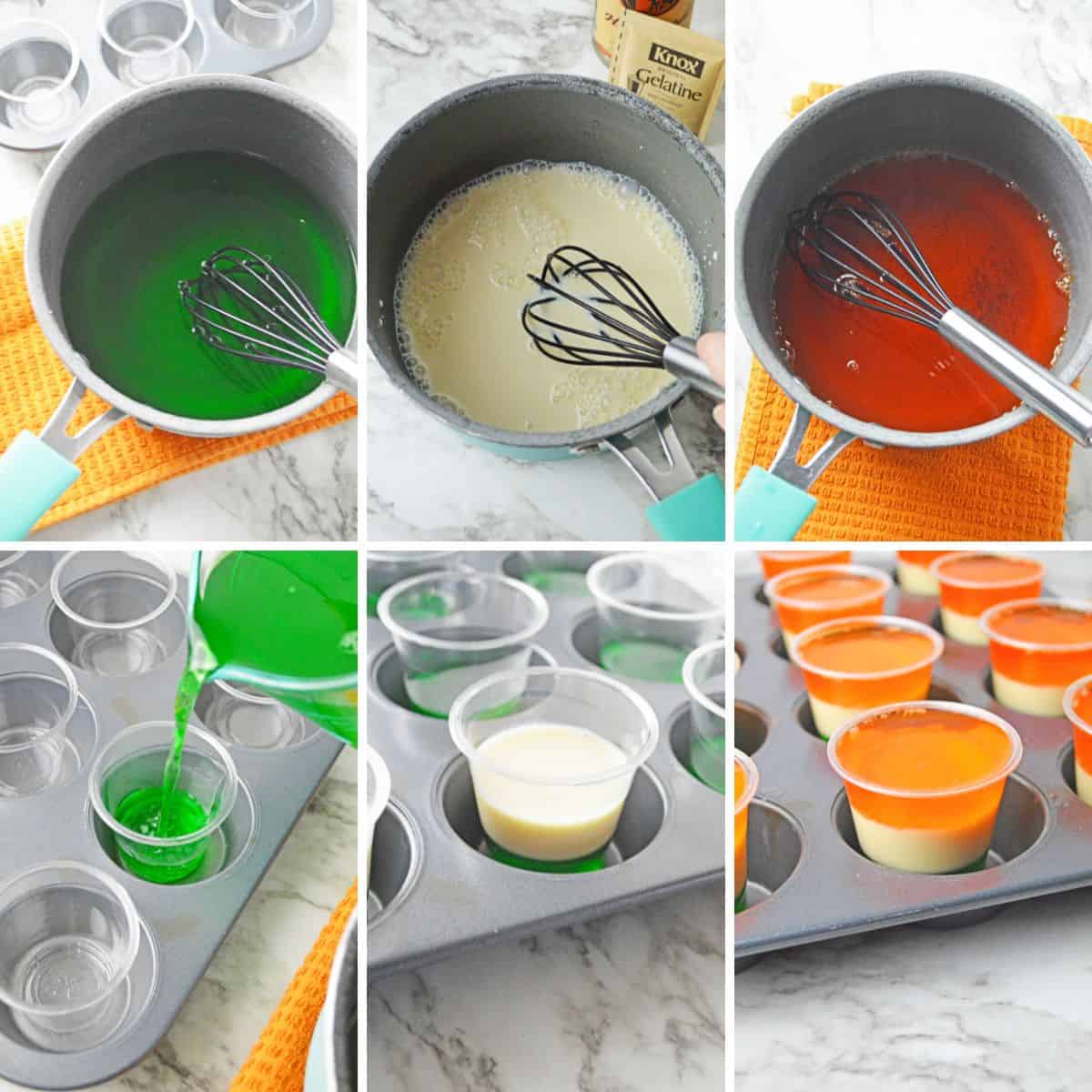 Six image collage showing bowls of green, white, and orange jello mix with a wire whisk, green liquid being poured into shot cups, white jello added to the cups, and the final layer of orange jello added.