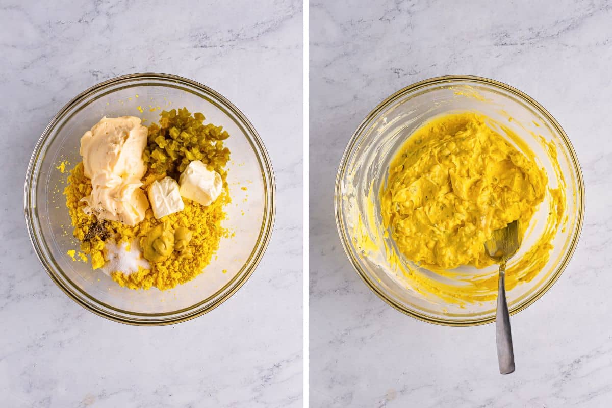 Two image collage of deviled egg ingredients before and after mixing to combine.