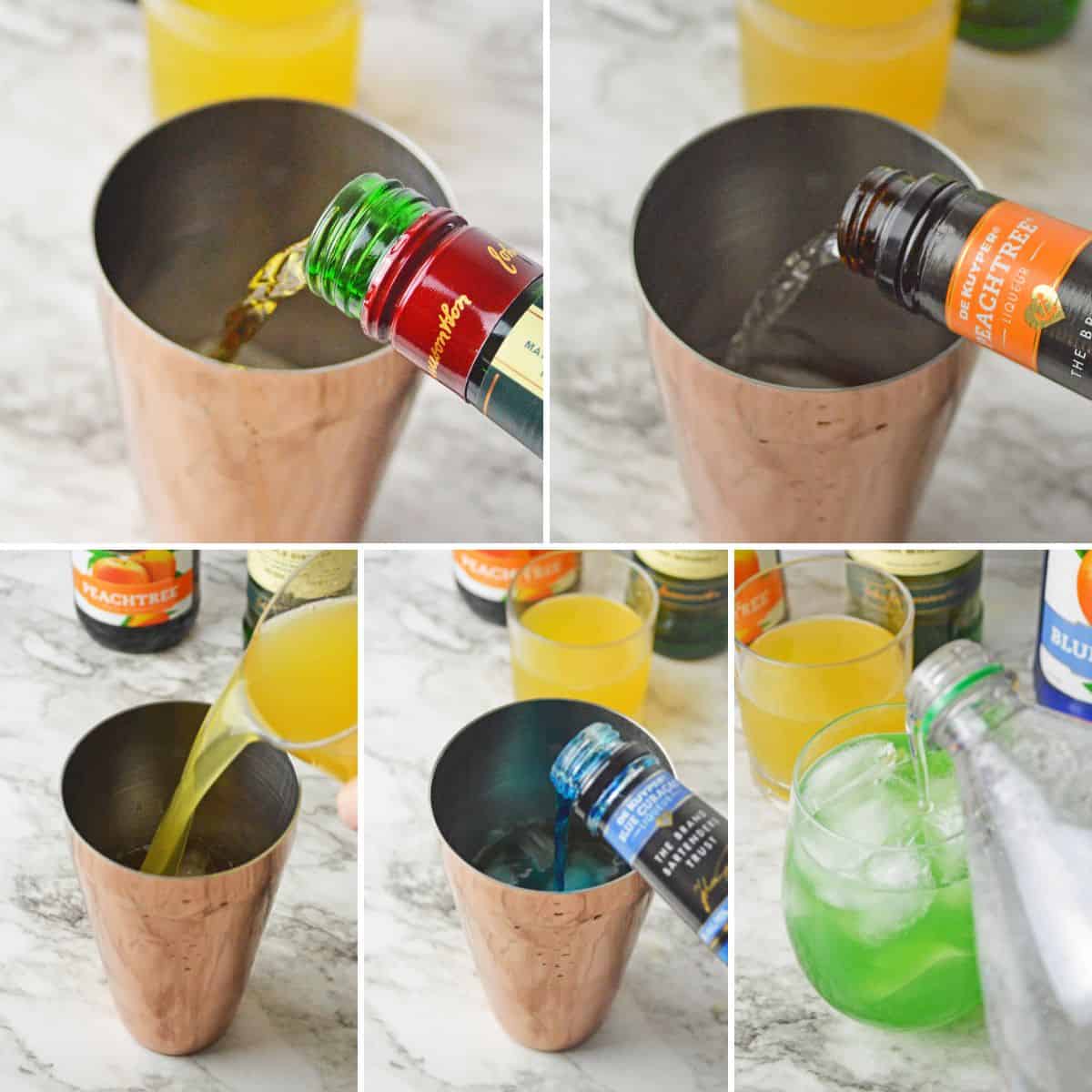 Collage of images of Jameson, peach schnapps, pineapple juice, and blue curacao being poured into cocktail shaker, and Sprite being poured into green cocktail in a glass.