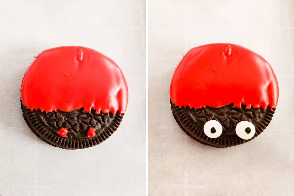 Two small dot of melted red candy on undipped portion of the cookie and then the same cookie with candy eyeballs placed where dots were.