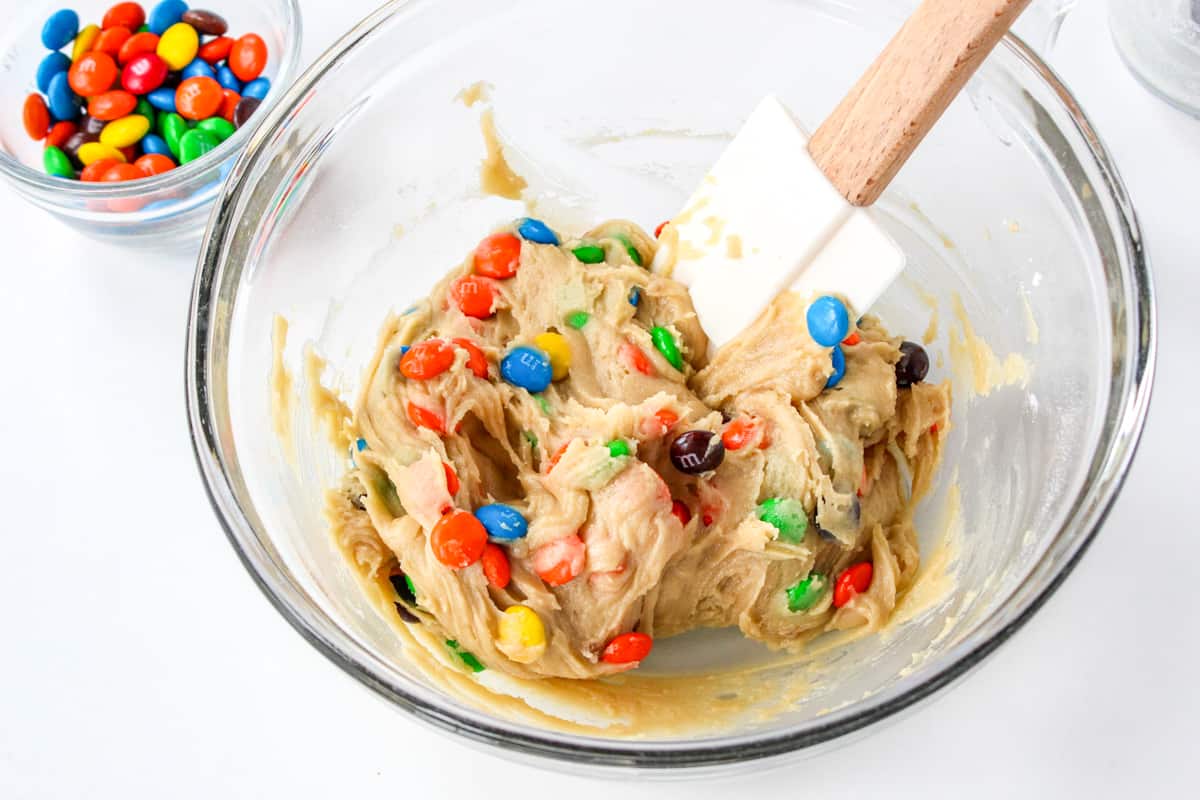 M&M candies folded into cookie dough.