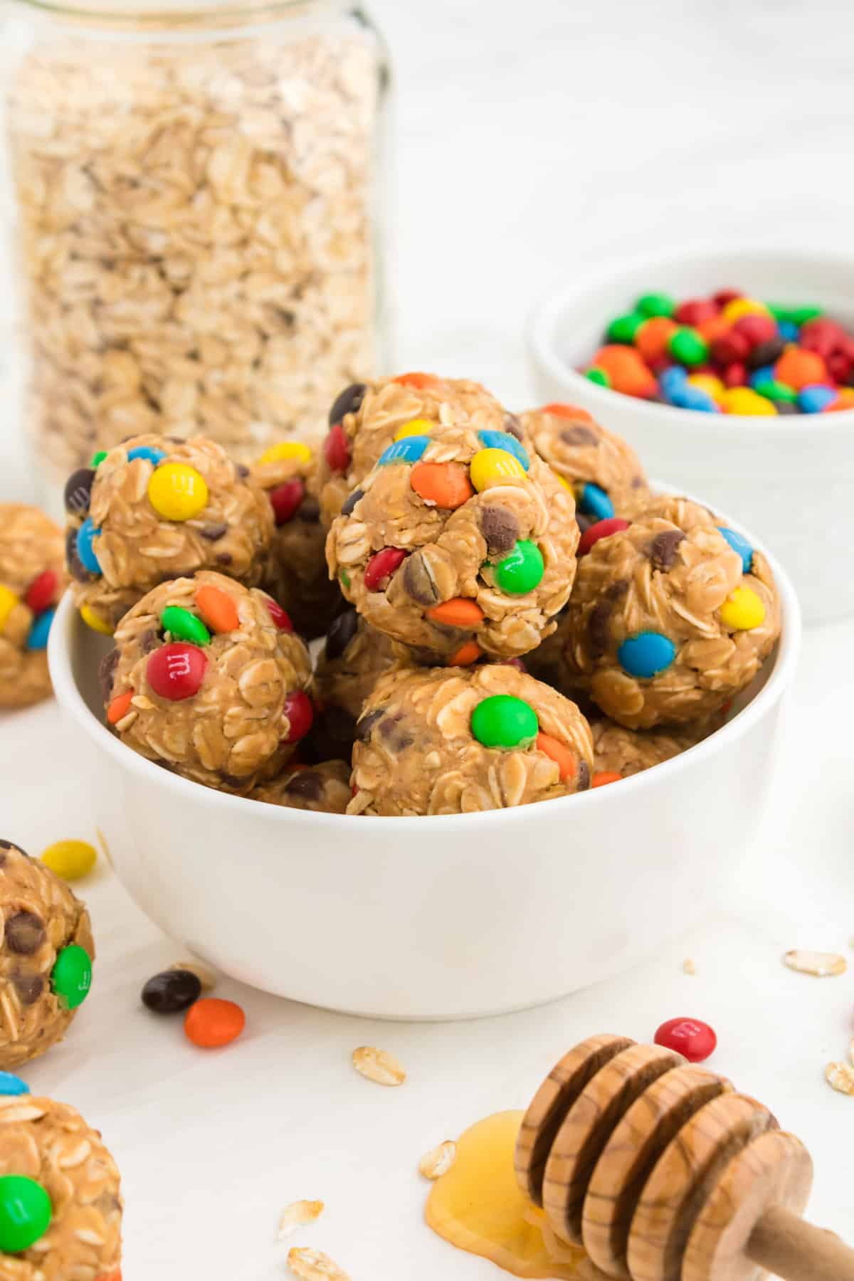 Monster Energy Balls made with oats, mini M&Ms, chocolate chips, peanut butter, and honey. 