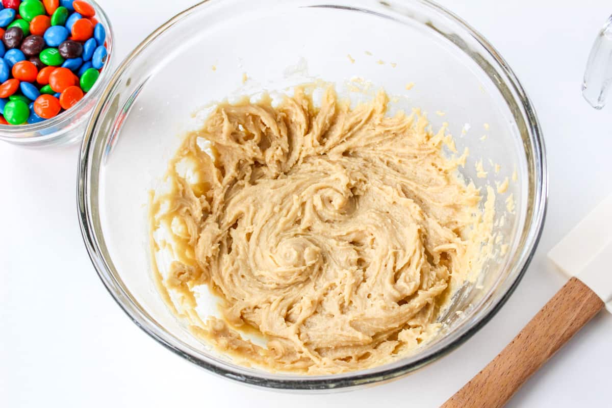 Dry ingredients mixed in with the sugar mixture.