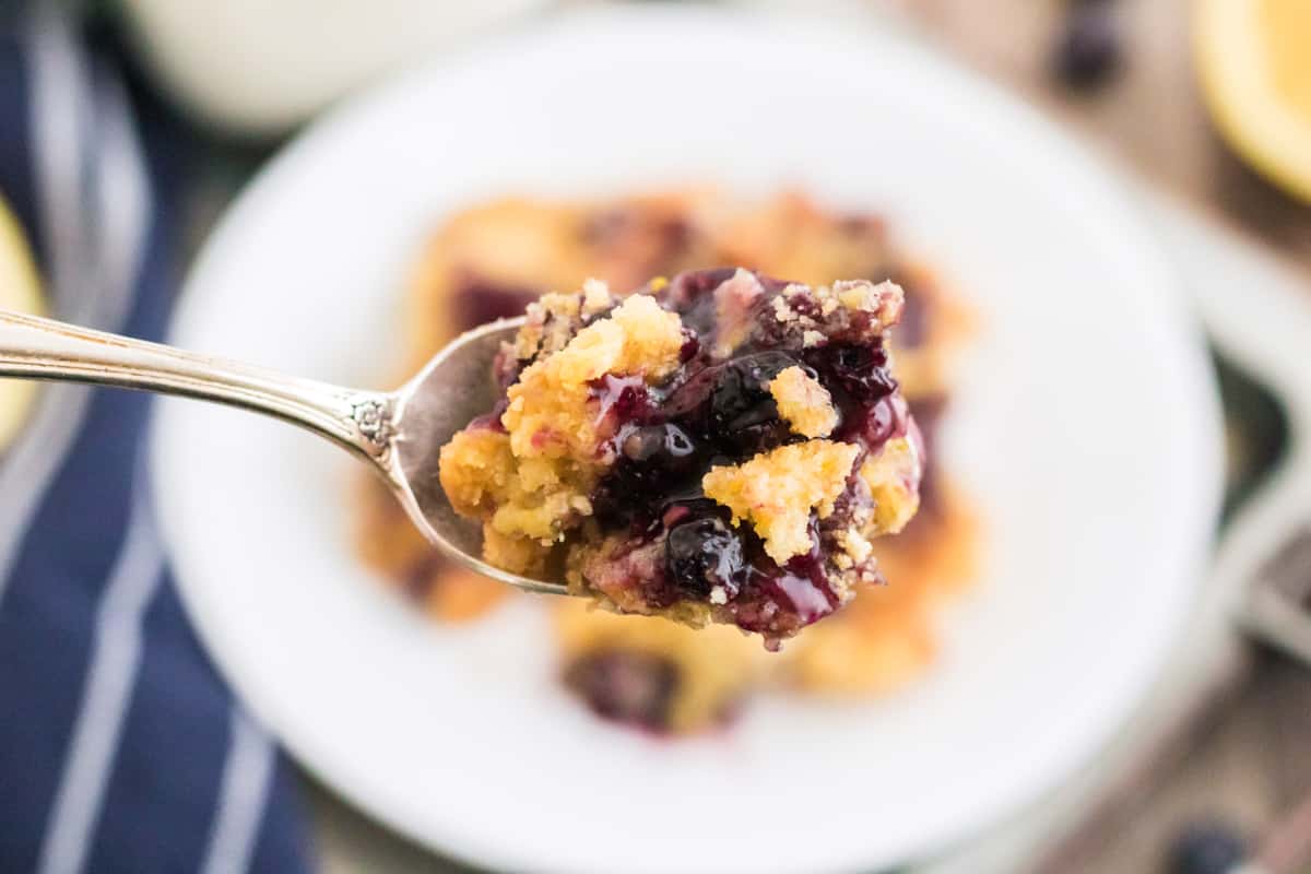 Spoonful of blueberry pie filling mixed with crumbly pieces of lemon cake.