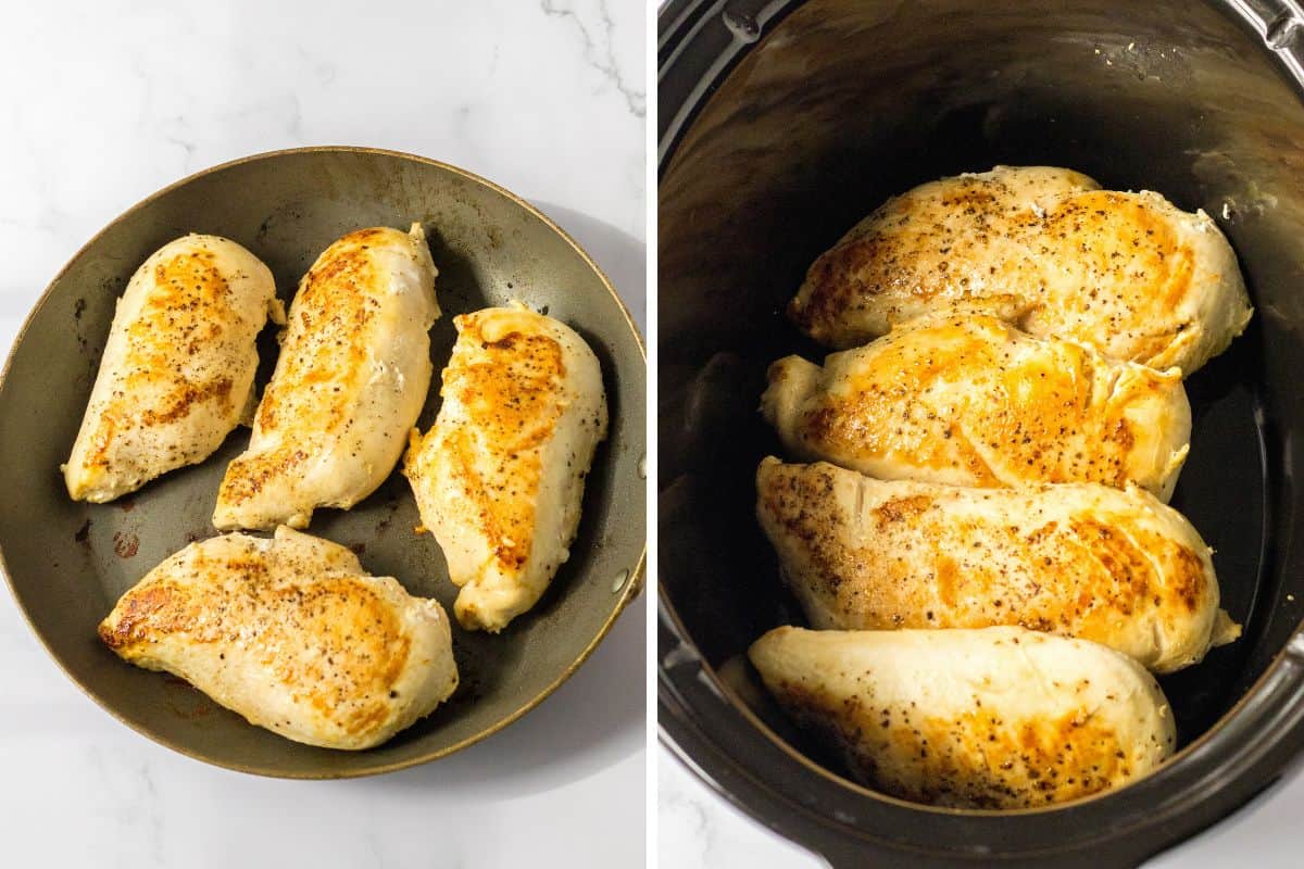 Two image collage of chicken breasts browned on stovetop and then placed in an even layer in the bottom of a slow cooker.