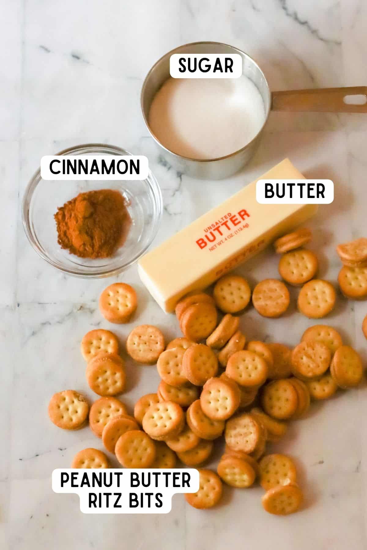 Churro Ritz Bites Ingredients: white sugar, ground cinnamon, stick of butter. and peanut butter Ritz Bits.