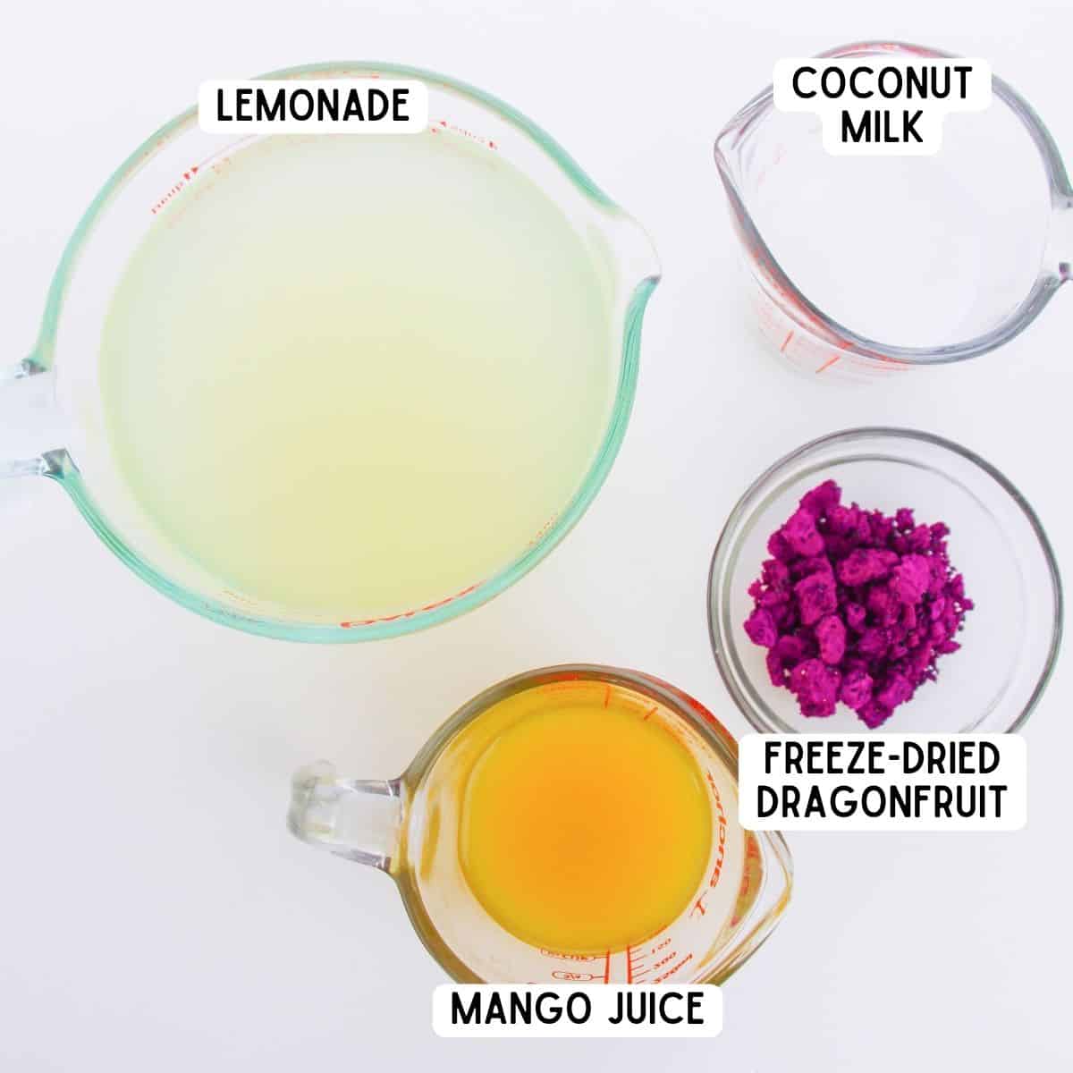 Ingredients for copycat dragon drink from Starbucks: lemonade, freeze dried dragonfruit, mango juice, and coconut milk.