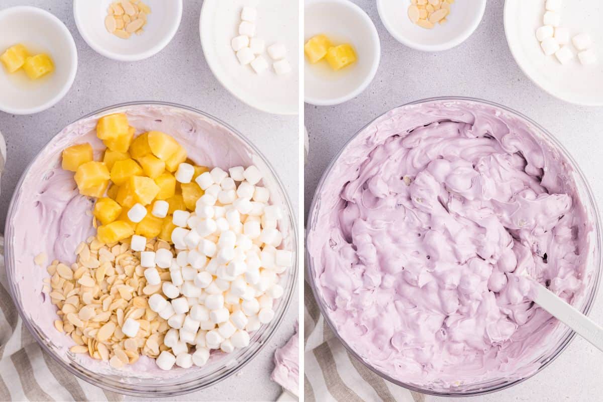 Two image collage of pineapple chunks, almonds, and marshmallows being added to bowl; then folded in.