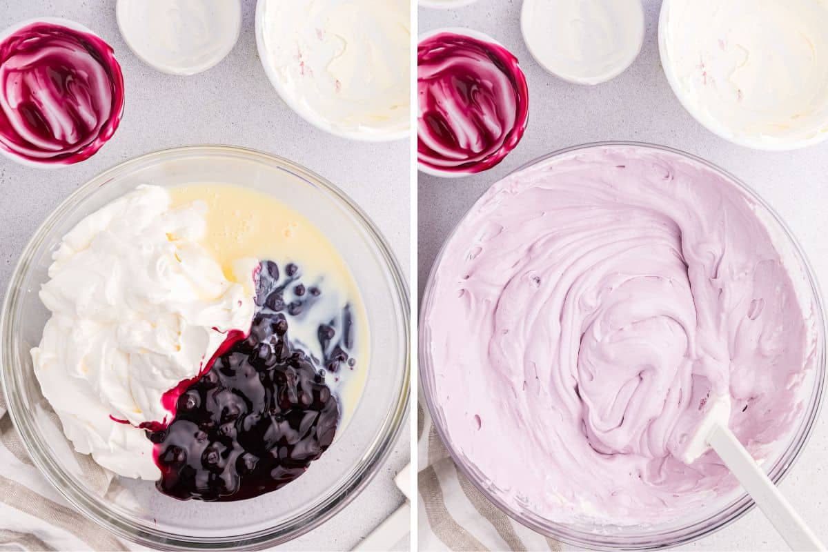 Two image collage of mixing bowl before and after cool whip, pie filling, and sweetened condensed milk are combined.