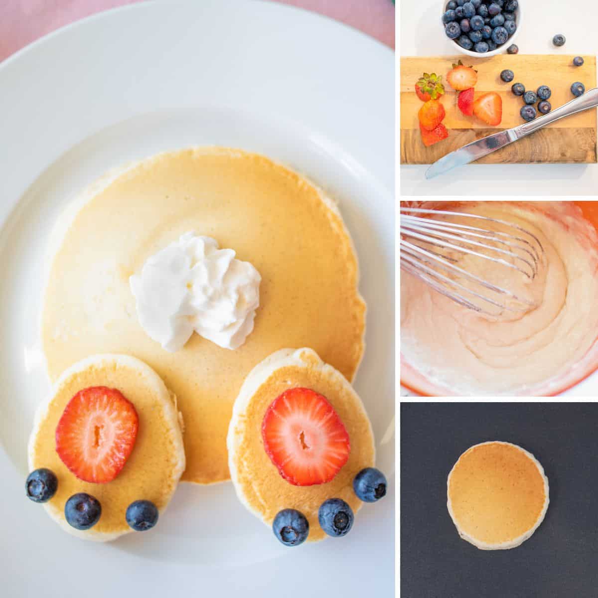 Collage of photos of steps to make bunny pancakes: slicing strawberries, mixing batter, and cooking round pancake on griddle.