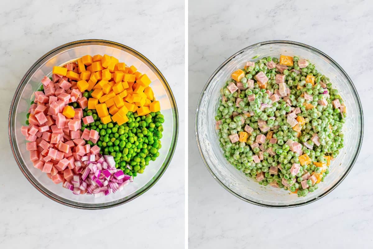 Two image collage of pea salad ingredients in a mixing bowl before and after stirring together and tossing with creamy dressing.