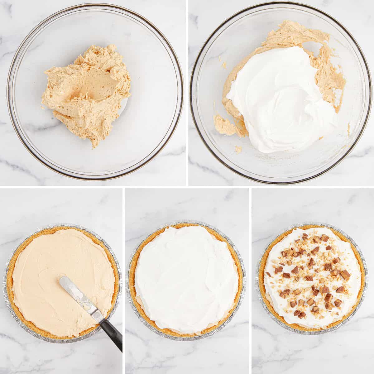Collage of photos of recipe process: ingredients mixed together in a glass bowl, cool whip added to bowl, peanut butter filling being spread into pie crust with offset spatula, cool whip spread on top of pie, and pie topped with chopped peanut butter cups and peanuts.