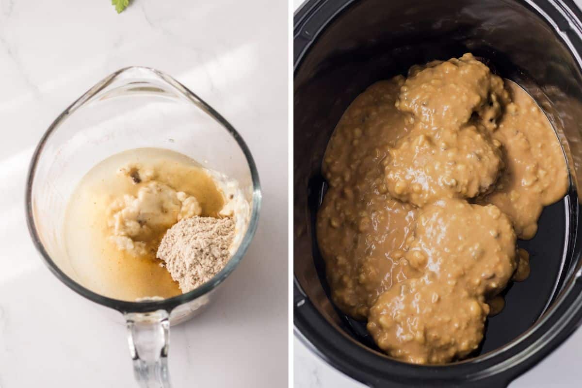 Two image collage of mixing bowl with gravy ingredients and crockpot with hamburger steaks covered in gravy.