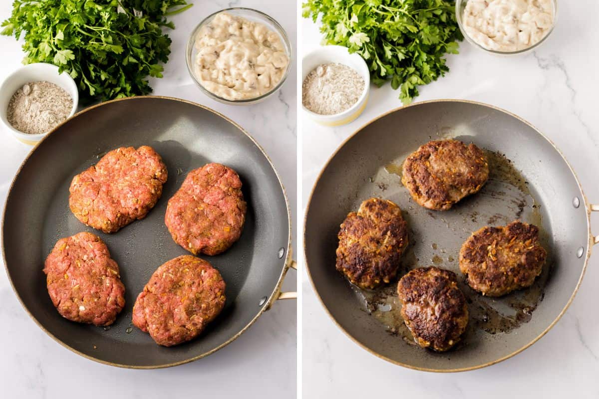 Side by side photos of hamburger steaks in frying pan before and after searing.