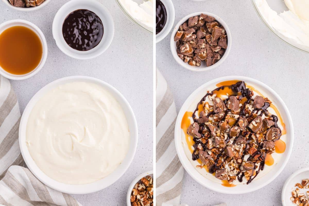 Two image collage of creamy cheesecake dip in serving bowl before and after topping with caramel sauce, chocolate sauce, pecans, and chopped Turtle candies.