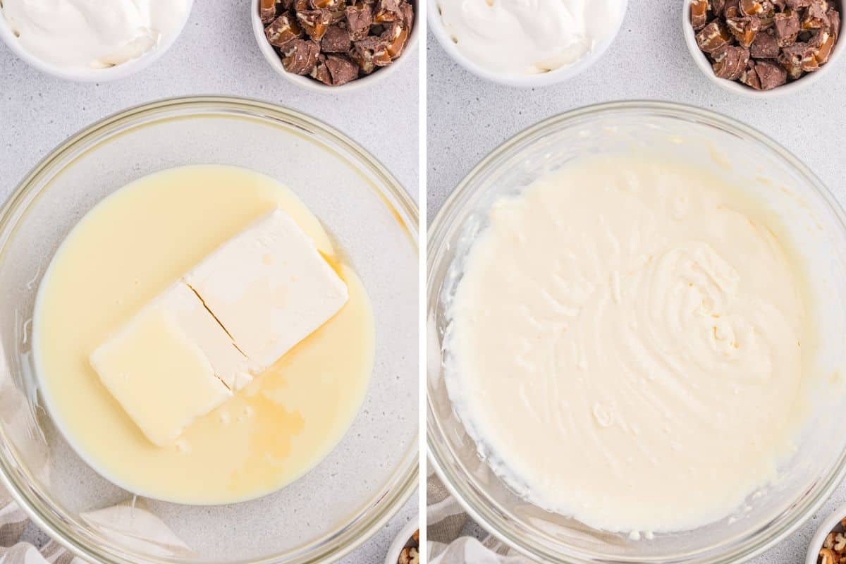 Two image collage of cream cheese, sweetened condensed milk, and caramel extract before and after mixing together.