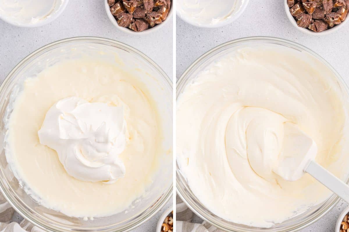 Two image collage of cool whip whipped topping before and after being folded in to dip.