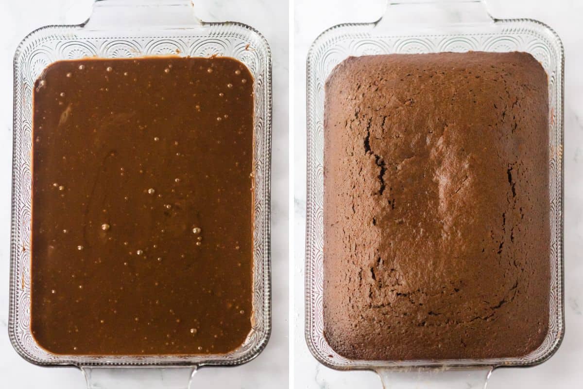 Two image collage: on left, chocolate cake batter in 9 x 13 dish. On right: the cake after baking.