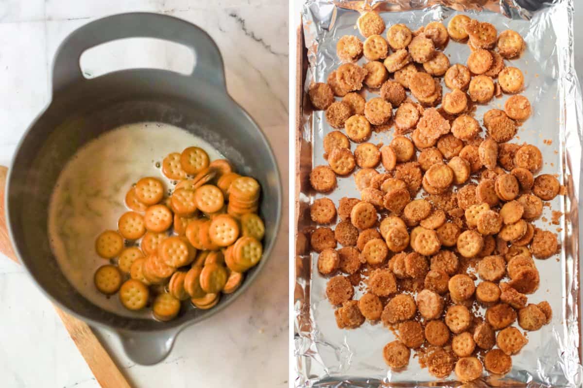 Two image collage. On left: mixing bowl with melted butter, cinnamon, sugar, and Ritz crackers. On right: foil lined baking sheet topped with cinnamon sugar covered Ritz bits.