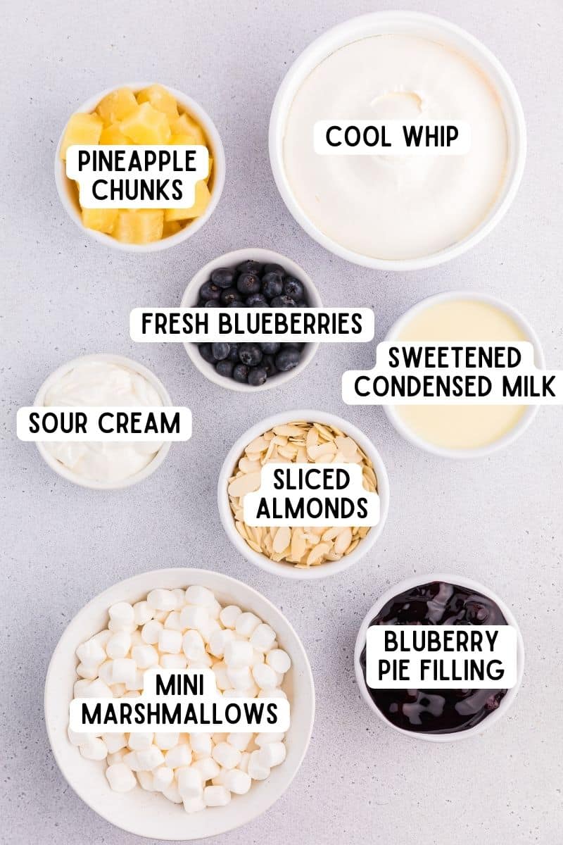 Ingredients in bowls on countertop: Cool Whip, pineapple chunks, sweetened condensed milk, sliced almonds, blueberry pie filling, mini marshmallows, sour cream, and fresh blueberries.