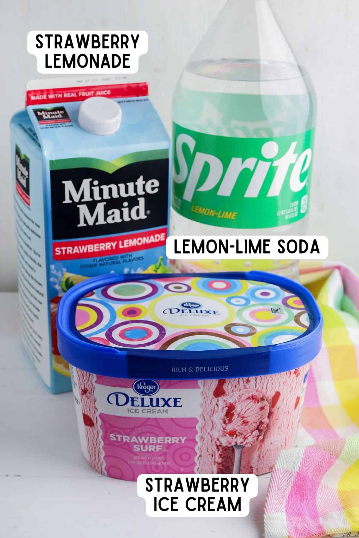 Carton of Minute Maid Strawberry Lemonade, 2 Liter bottle of Sprite, and half gallon of Strawberry Ice Cream.