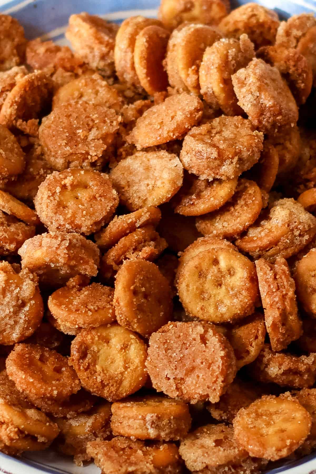 Close up of cinnamon sugar Ritz bits.