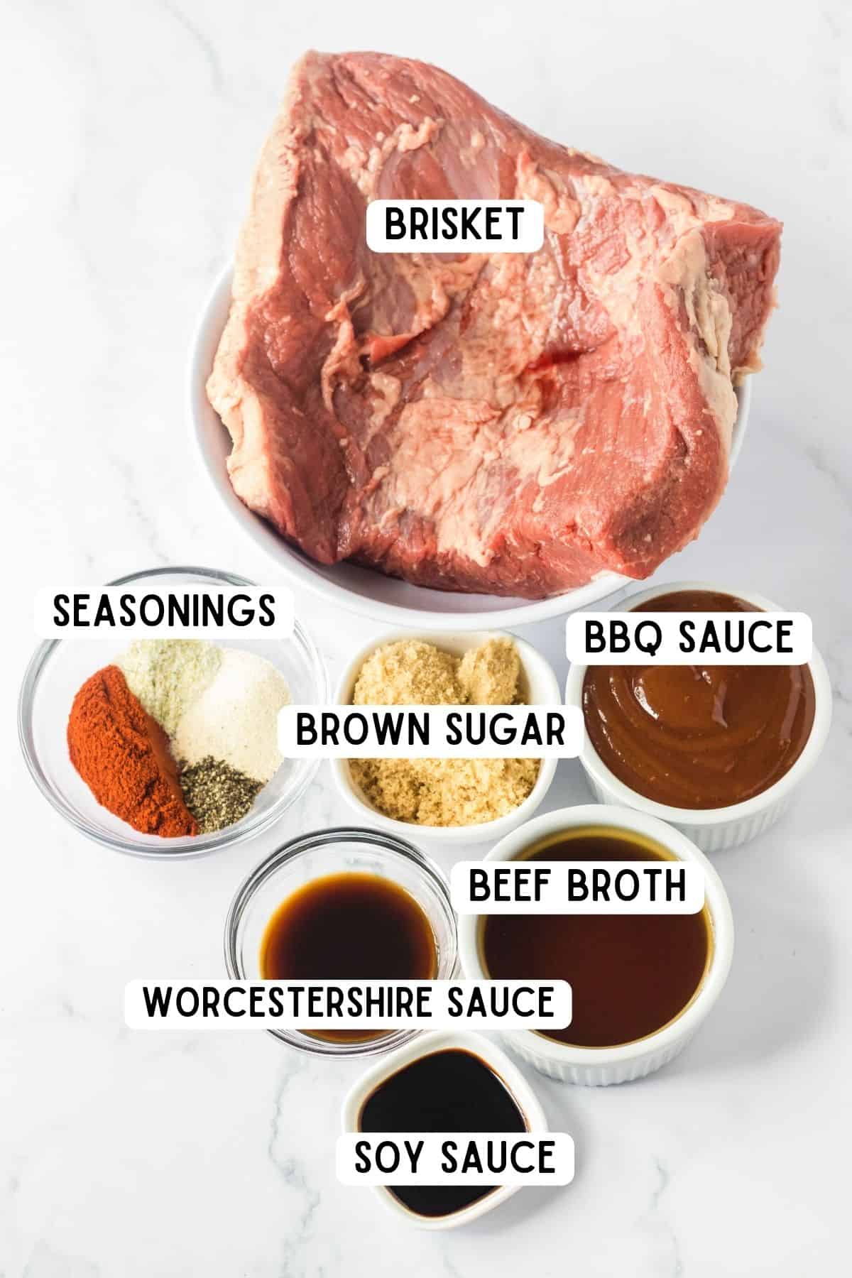 Beef brisket, soy sauce, bbq sauce, beef broth, worcestershire sauce, brown sugar and seasonings.