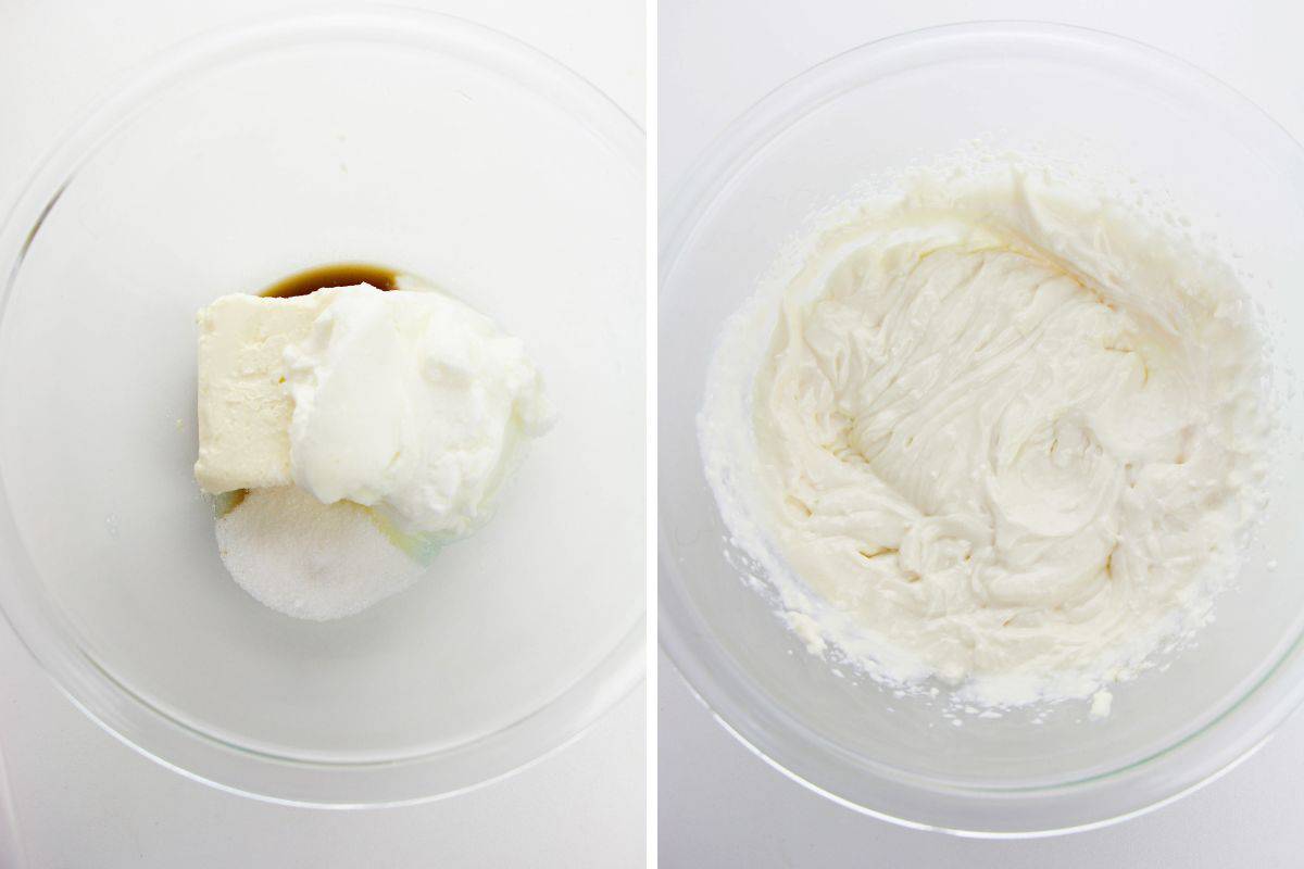 Two image collage of grape salad dressing ingredients in a large bowl before and after beating to combine.