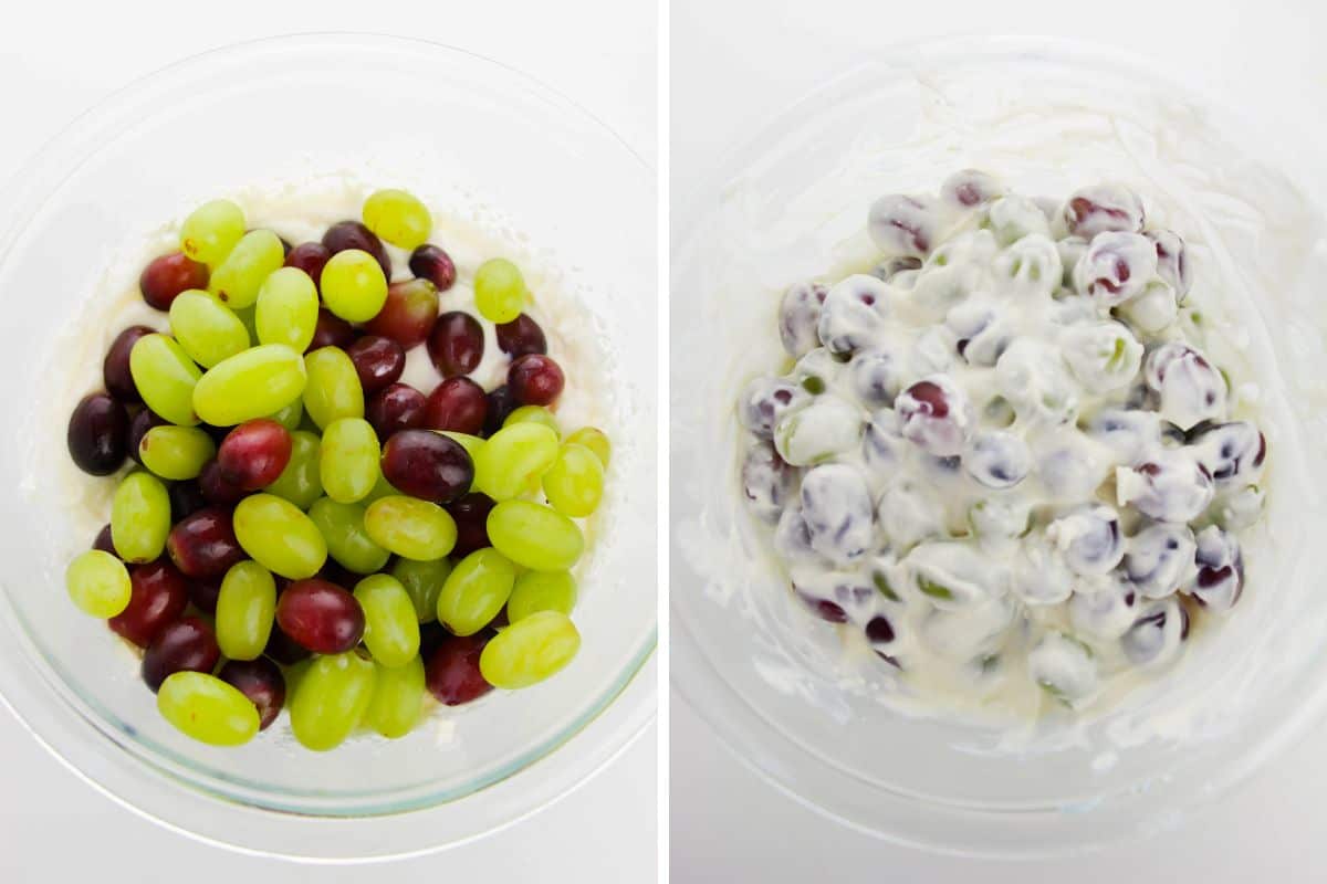 Two image collage of grapes added to the mixing bowl, before and after tossing with the dressing.