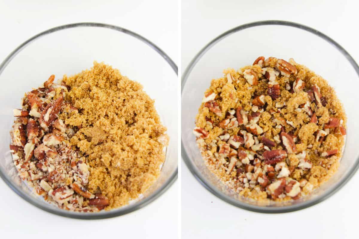 Two image collage of brown sugar and pecan pieces before and after stirring to combine.