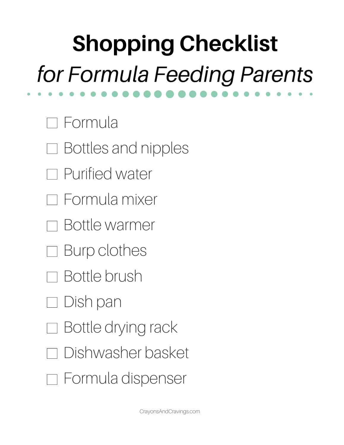Shopping list for formula feeding parents printable.
