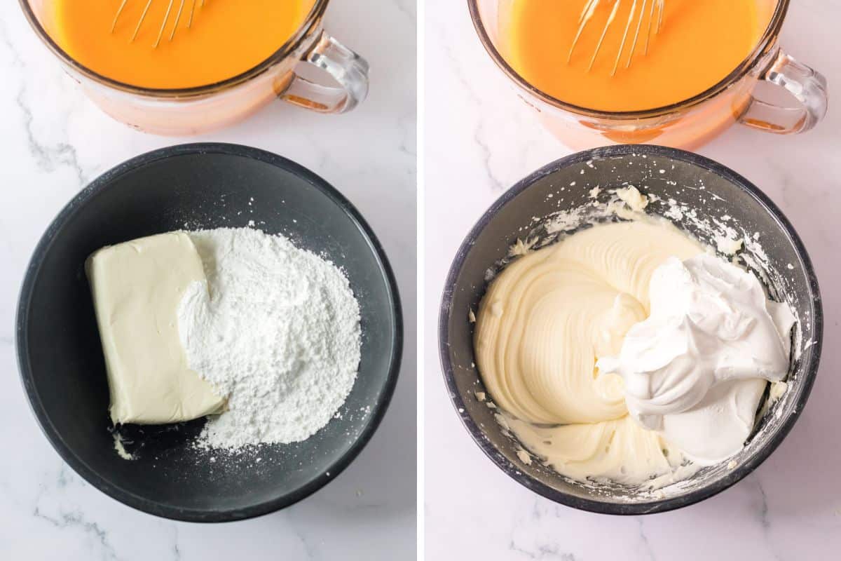 Two image collage of a large mixing bowl with cream cheese and powdered sugar and the same bowl with cool whip added to the smooth and creamy mixture.