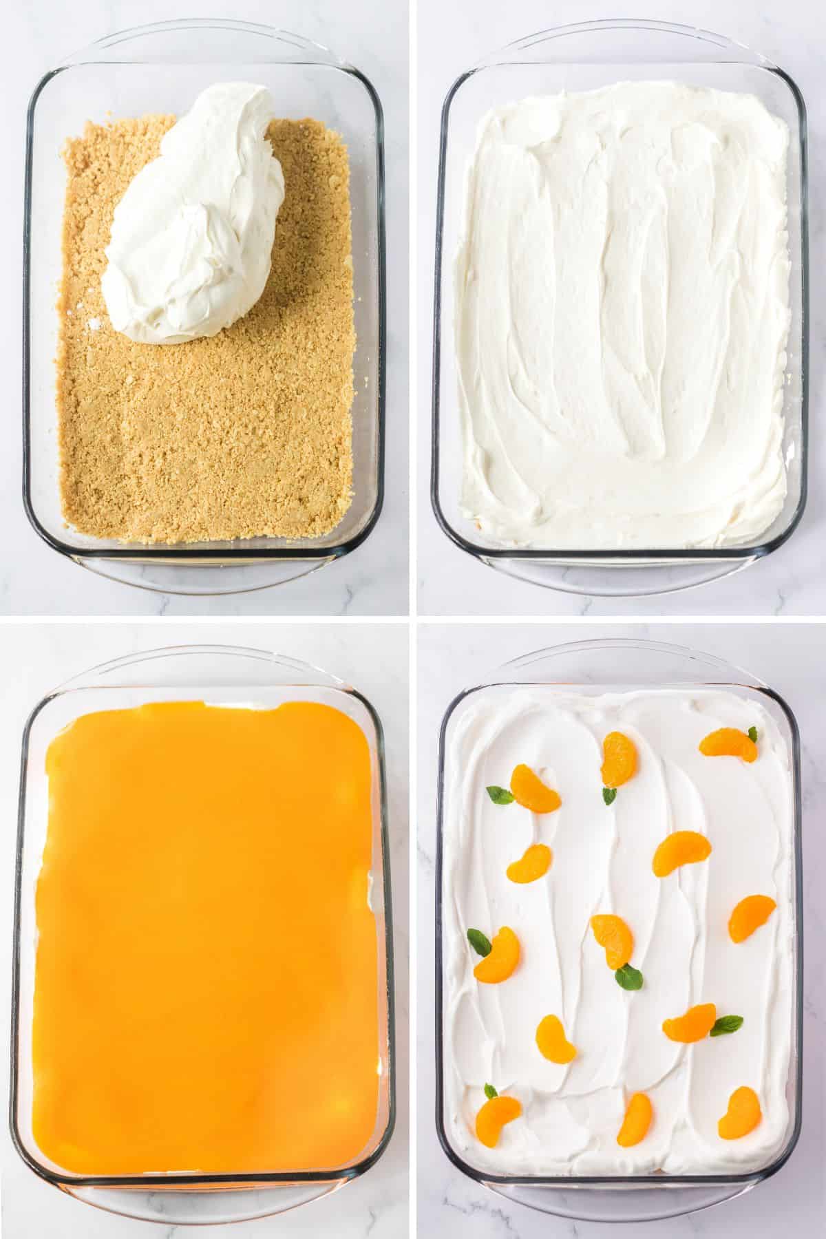 Four image collage of layers of orange creamsicle dessert: cookie crust, sweetened cream cheese layer, orange jello layer, and cool whip topped with mandarin oranges and fresh mint leaves.