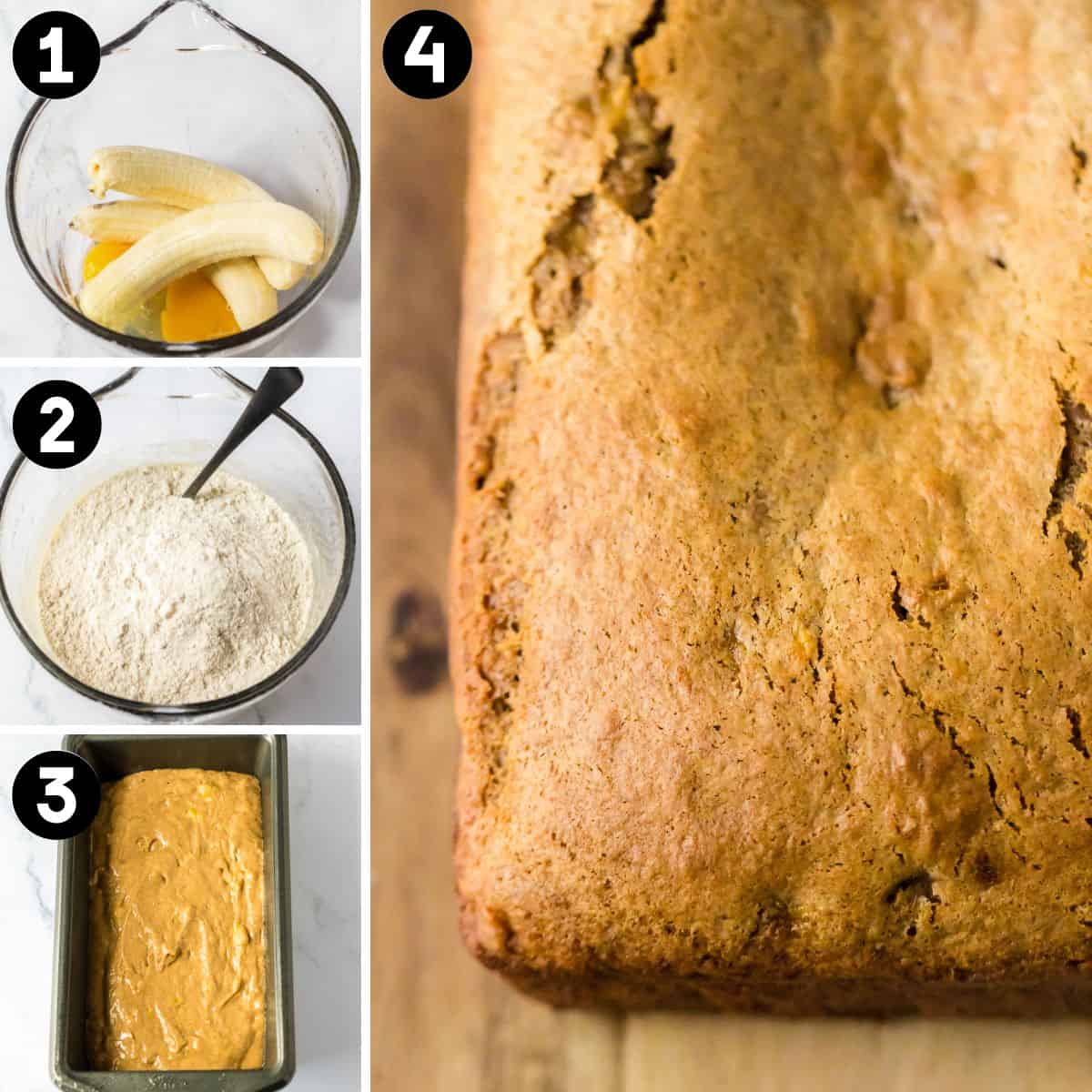 Four image collage. 1: bananas and eggs in glass bowl. 2: cake mix added to bowl. 3: batter in loaf pan. 4: baked banana bread.