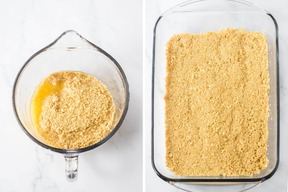 Two image collage of golden oreo crumbs and melted butter in mixing bowl and then pressed evenly into a glass 9 x 13 dish.
