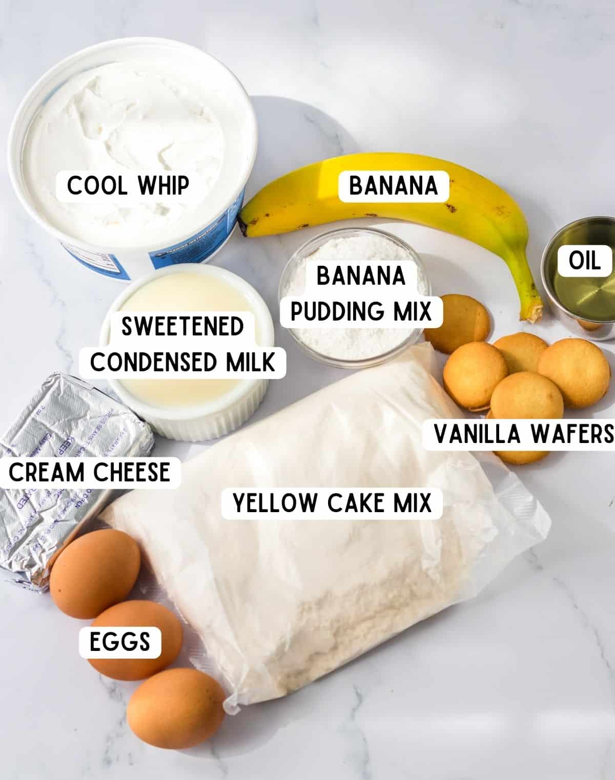 Ingredients for Banana Pudding Poke Cake: Cool Whip, fresh banana, banana pudding mix, 3 eggs, oil, vanilla wafers, yellow cake mix, cream cheese, and sweetened condensed milk.