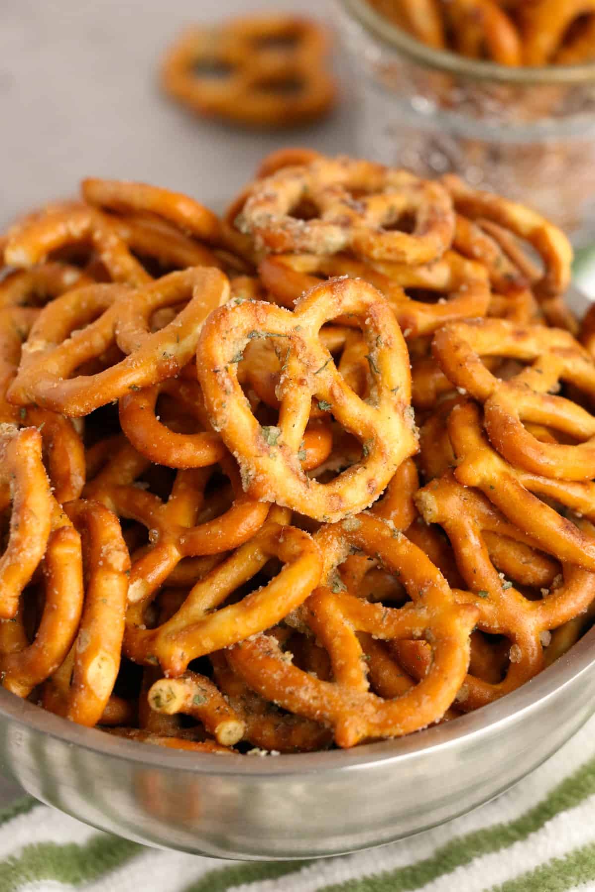 Garlic ranch pretzels in silver bowl.