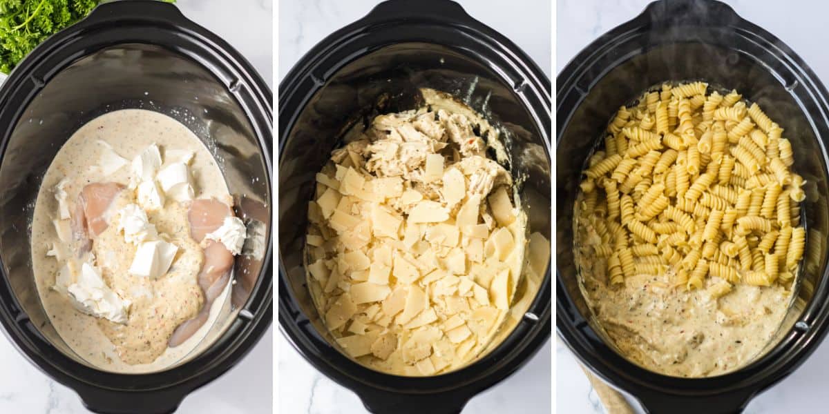 Three image collage of bowl of slow cooker: with raw chicken, sauce and cream cheese; with the 
cooked, shredded chicken topped with parmesan cheese;  and with the rotini added.