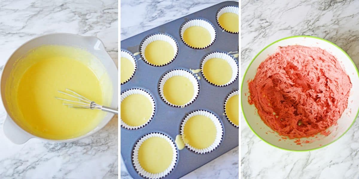 Three photo collage: lemon cake batter, lemon batter in cupcake tin, and strawberry lemonade frosting in mixing bowl.