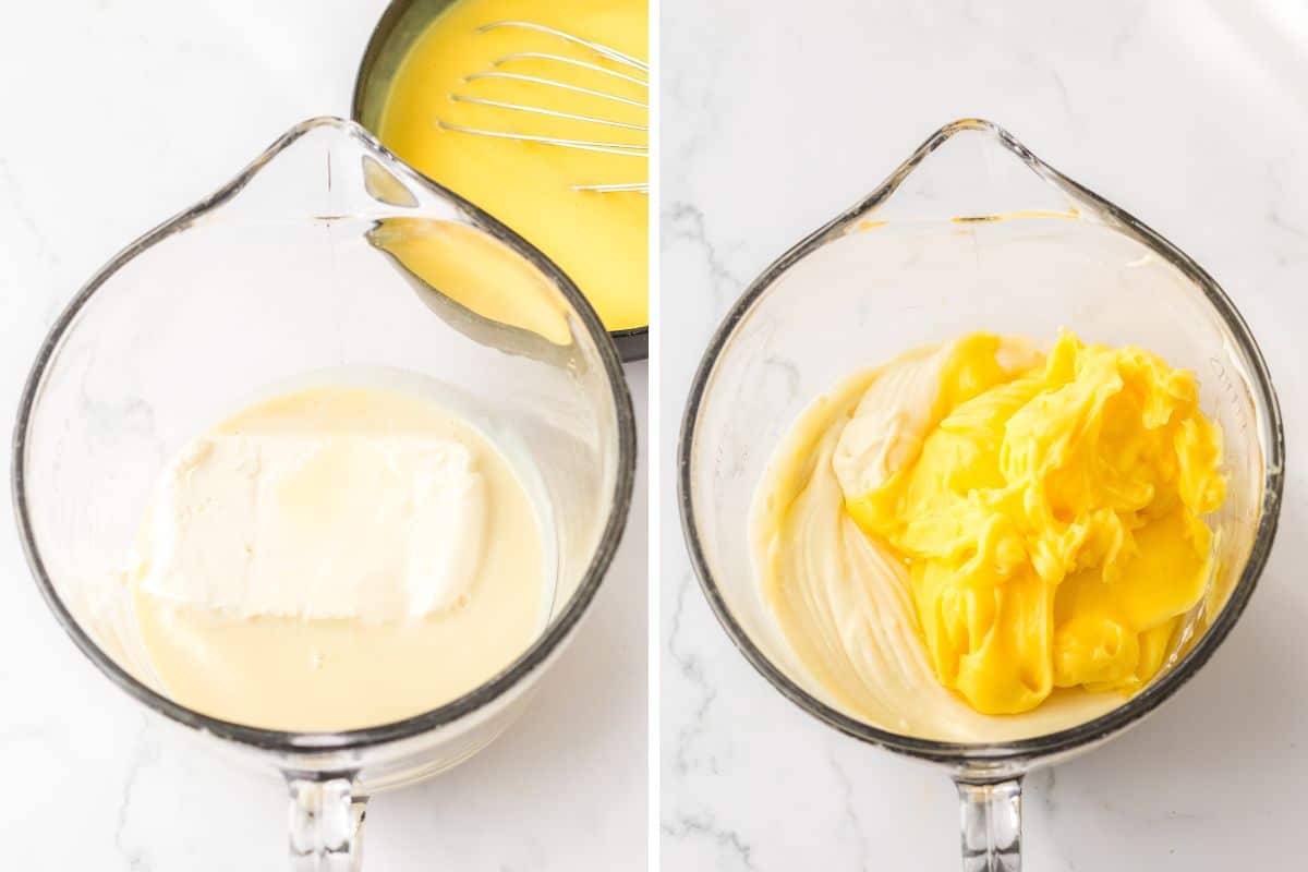 Two image collage of cream cheese in large bowl of sweetened condensed milk and the large bowl with the cream cheese mixture combined and pudding added.