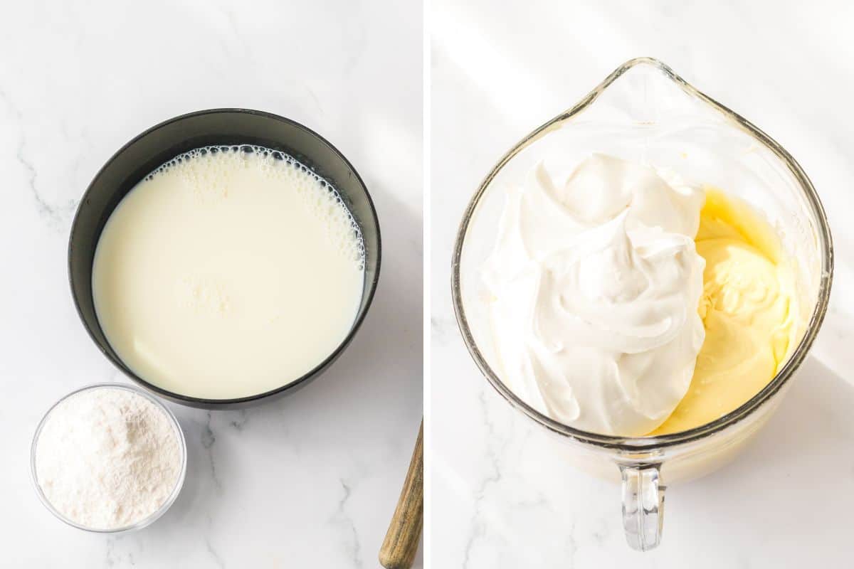 Two image collage of milk and banana pudding mix in two separate bowls and banana pudding combined with cool whip in a large bowl.