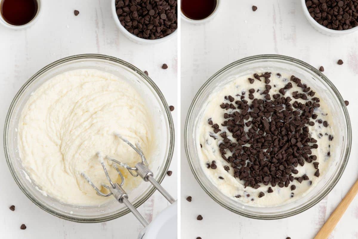Two image collage. On left, ricotta and mascarpone cheese combined in a bowl with a hand mixer. On right, same but with mini chocolate chips added.