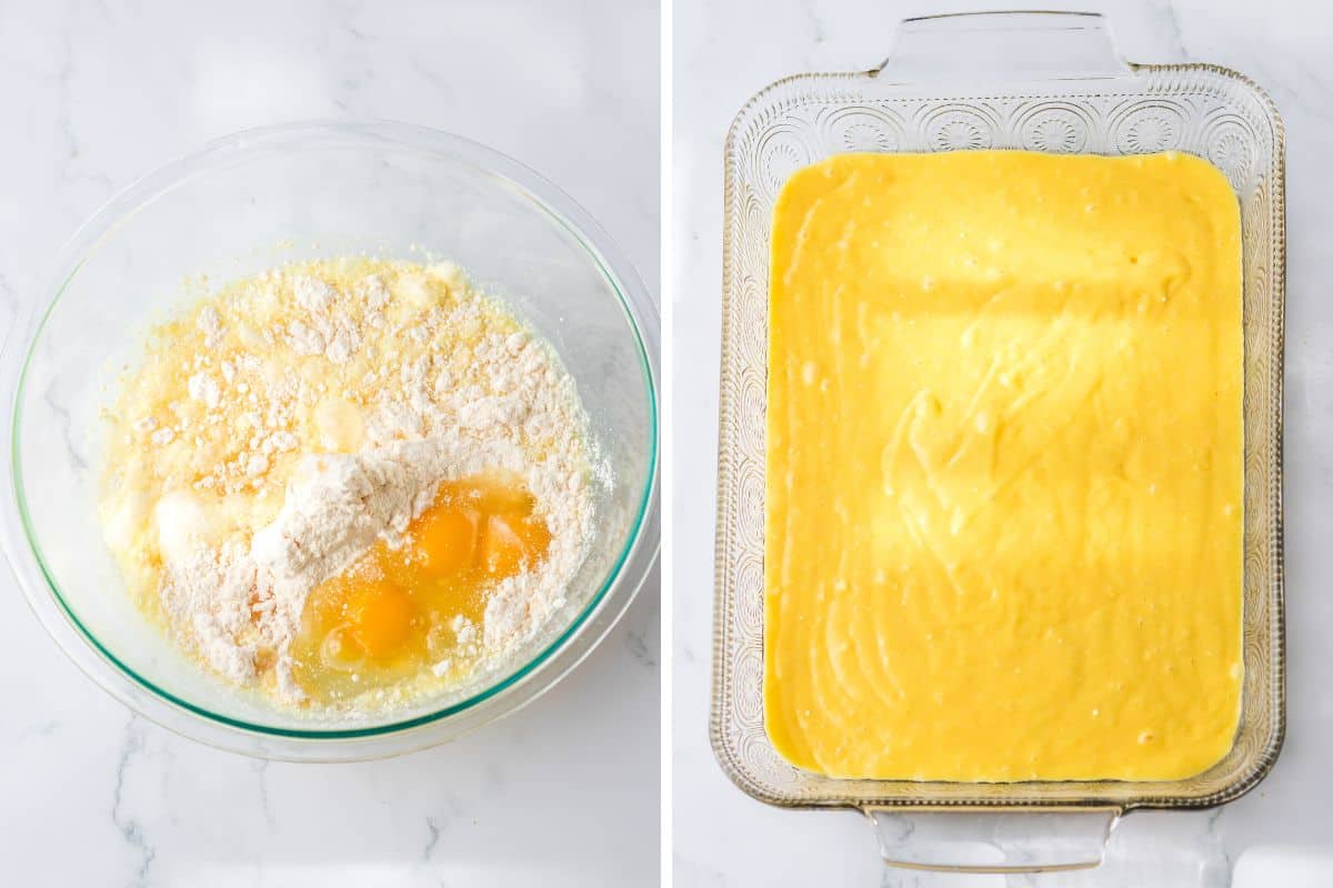 Two image collage of cake mix ingredients in a mixing bowl and the combined cake batter poured into 9 x 13 baking dish.
