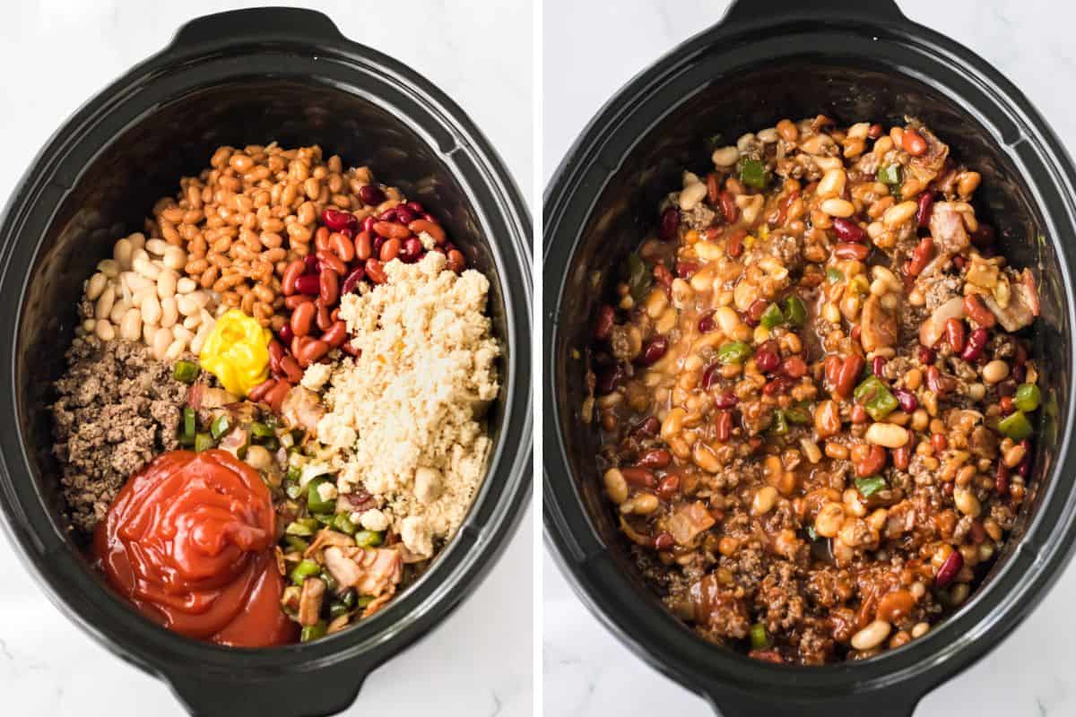 Two image collage of cowboy beans ingredients in the slow cooker before and after stirring.