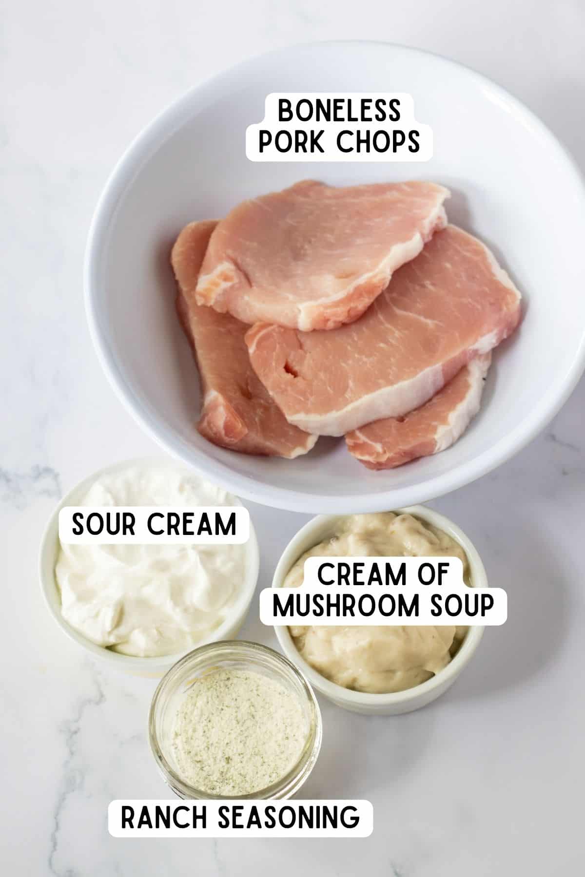 4 Ingredient Pork Chop Ingredients: boneless pork chop, sour cream, cream of mushroom soup, and ranch seasoning.